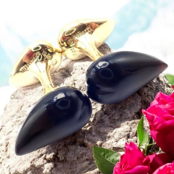 Authentic! Tiffany & Co Peretti 18k Yellow Gold Black Onyx Teardrop Cufflinks - Picture 2 of 11